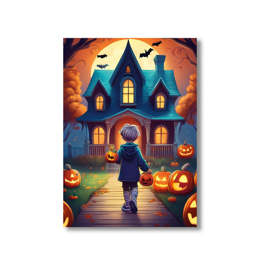 Cartoon shadowy trick-or-treaters walking down a lantern-lit street under a glowing moon – spooky gothic Halloween illustration