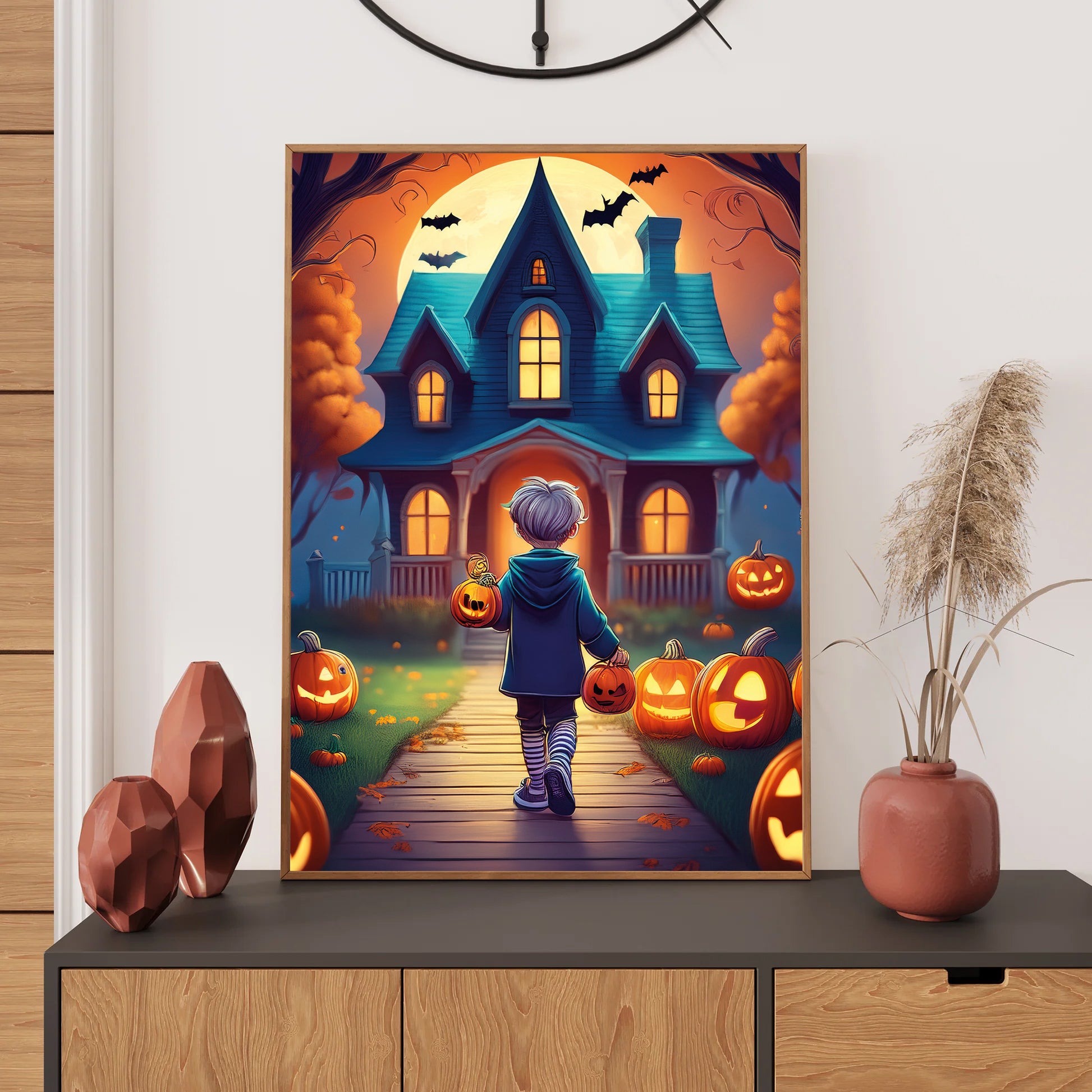 Cartoon shadowy trick-or-treaters walking down a lantern-lit street under a glowing moon – spooky gothic Halloween illustration