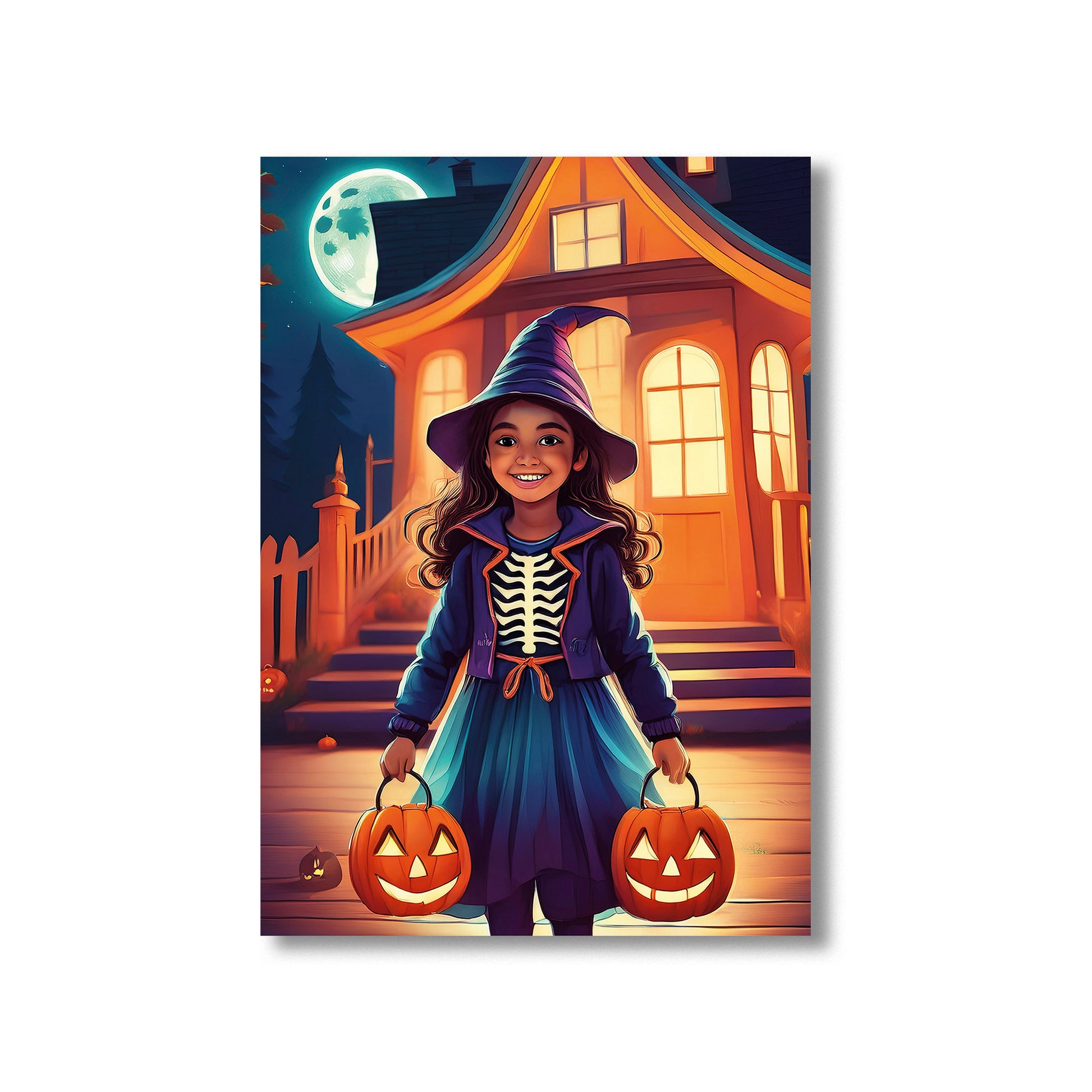 Cartoon shadowy trick-or-treaters walking down a lantern-lit street under a glowing moon – spooky gothic Halloween illustration