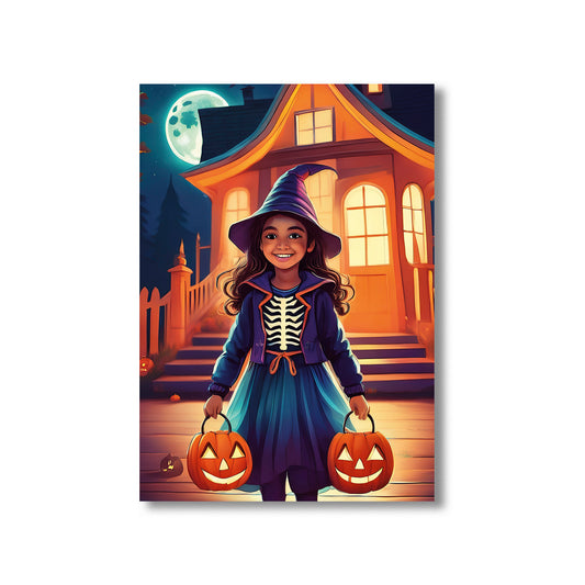 Cartoon shadowy trick-or-treaters walking down a lantern-lit street under a glowing moon – spooky gothic Halloween illustration