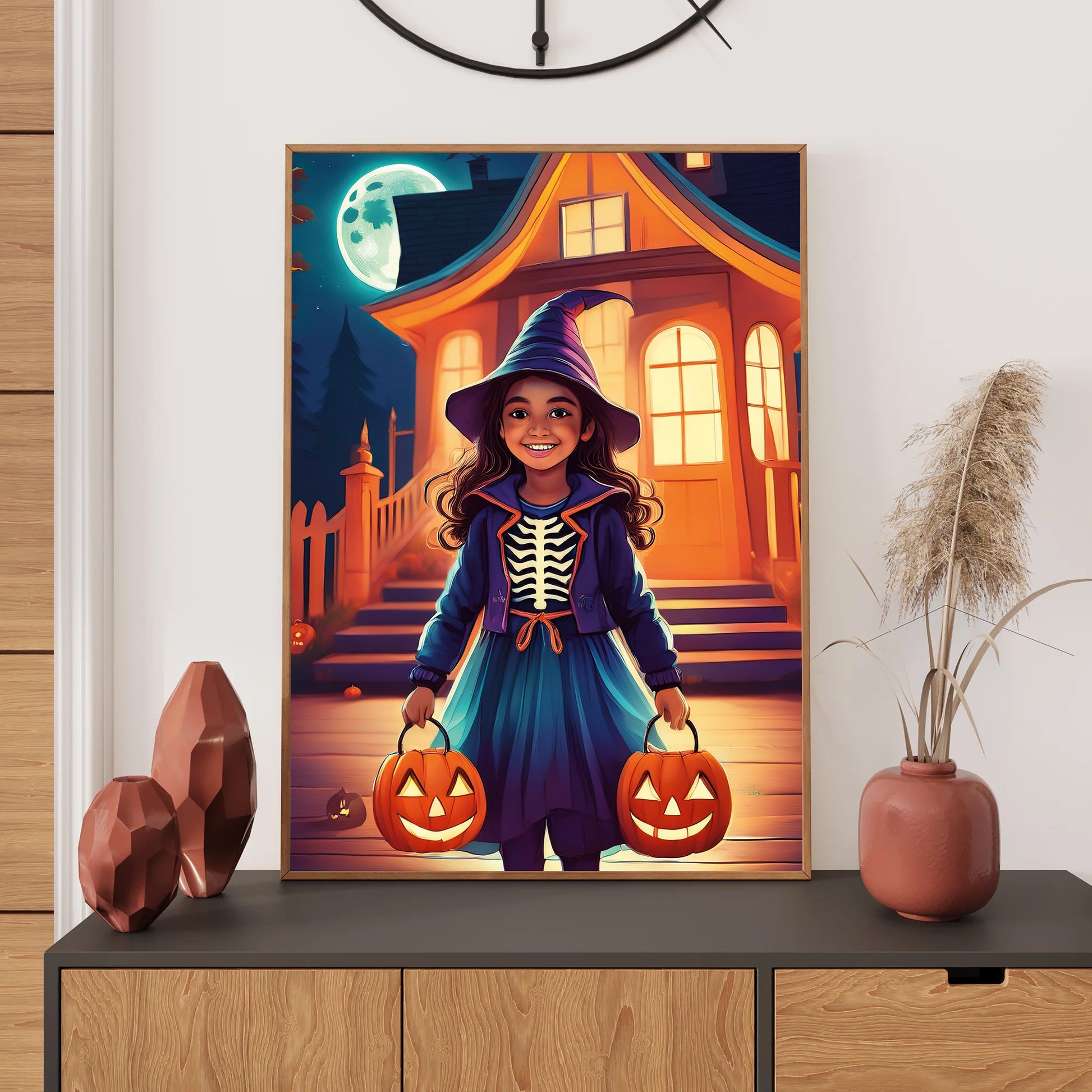 Cartoon shadowy trick-or-treaters walking down a lantern-lit street under a glowing moon – spooky gothic Halloween illustration