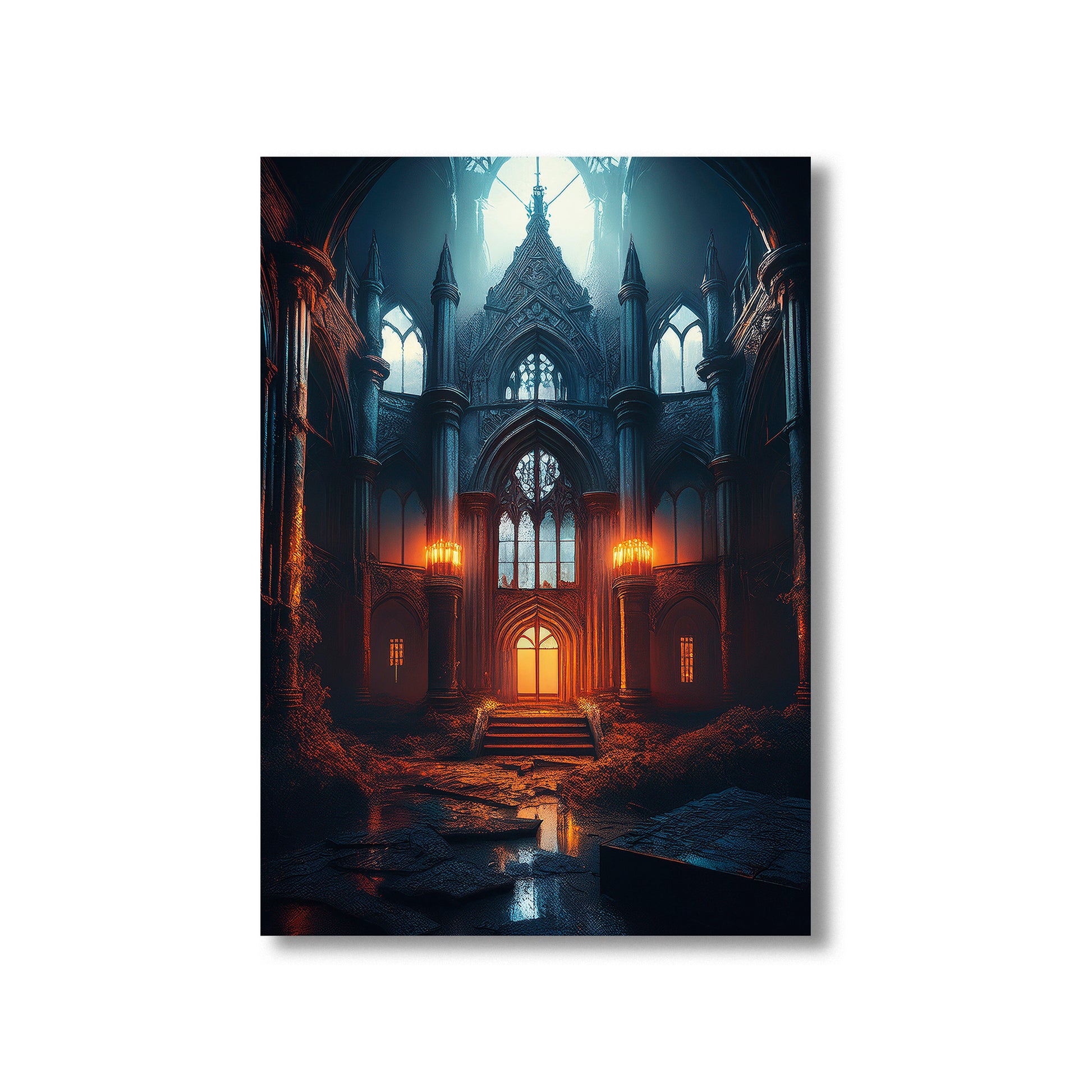 Cartoon gothic abandoned asylum with glowing barred windows in fog – spooky Halloween illustration