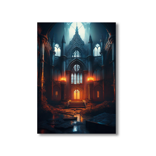 Cartoon gothic abandoned asylum with glowing barred windows in fog – spooky Halloween illustration