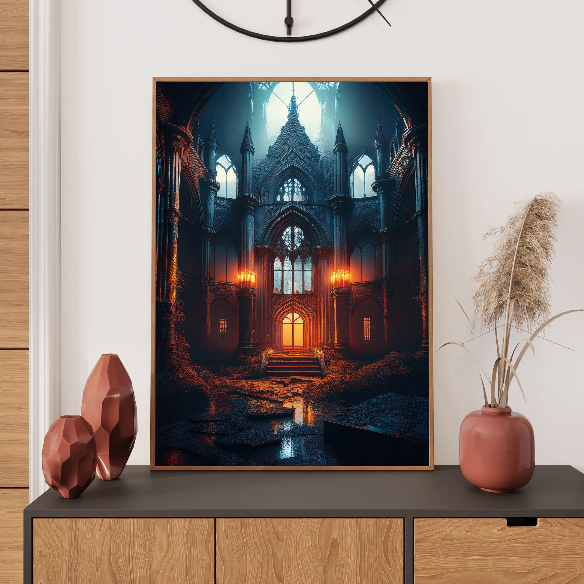 Cartoon gothic abandoned asylum with glowing barred windows in fog – spooky Halloween illustration