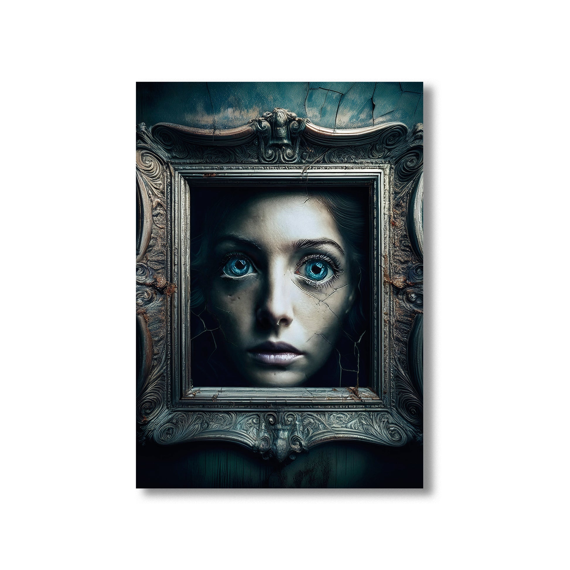 Cartoon cursed Victorian portrait with cracked frame and glowing eyes – spooky gothic Halloween art