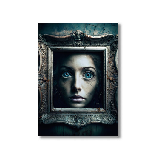 Cartoon cursed Victorian portrait with cracked frame and glowing eyes – spooky gothic Halloween art