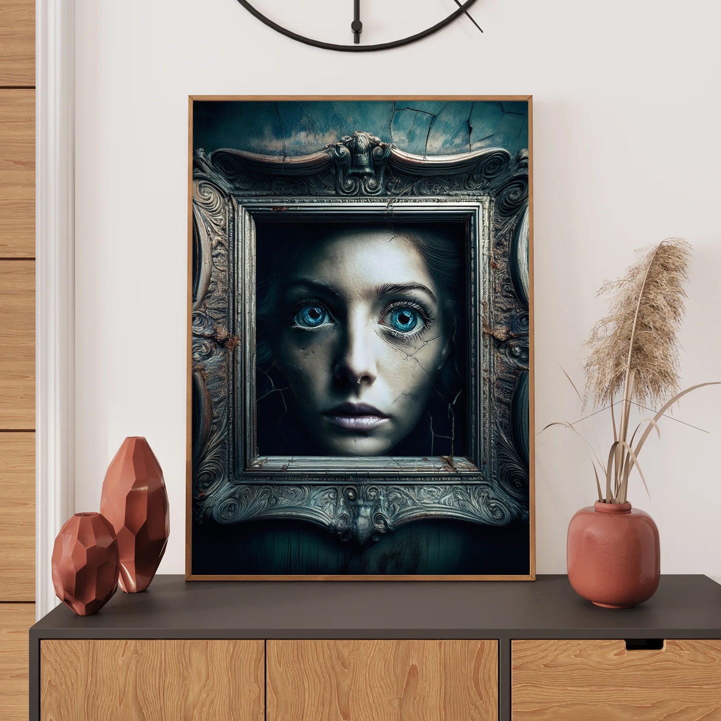 Cartoon cursed Victorian portrait with cracked frame and glowing eyes – spooky gothic Halloween art