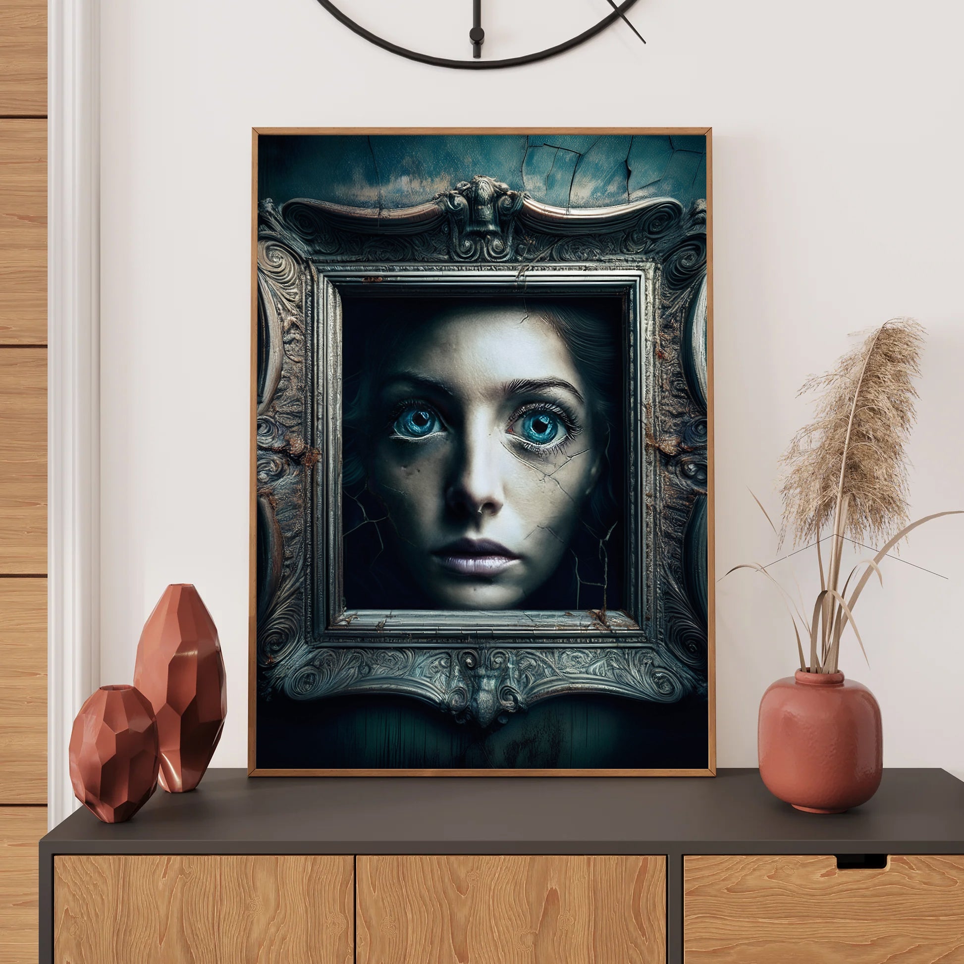 Cartoon cursed Victorian portrait with cracked frame and glowing eyes – spooky gothic Halloween art