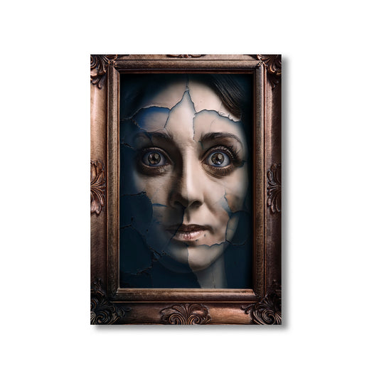 Framed artwork of a woman's face with a decorative brown frame on a white background