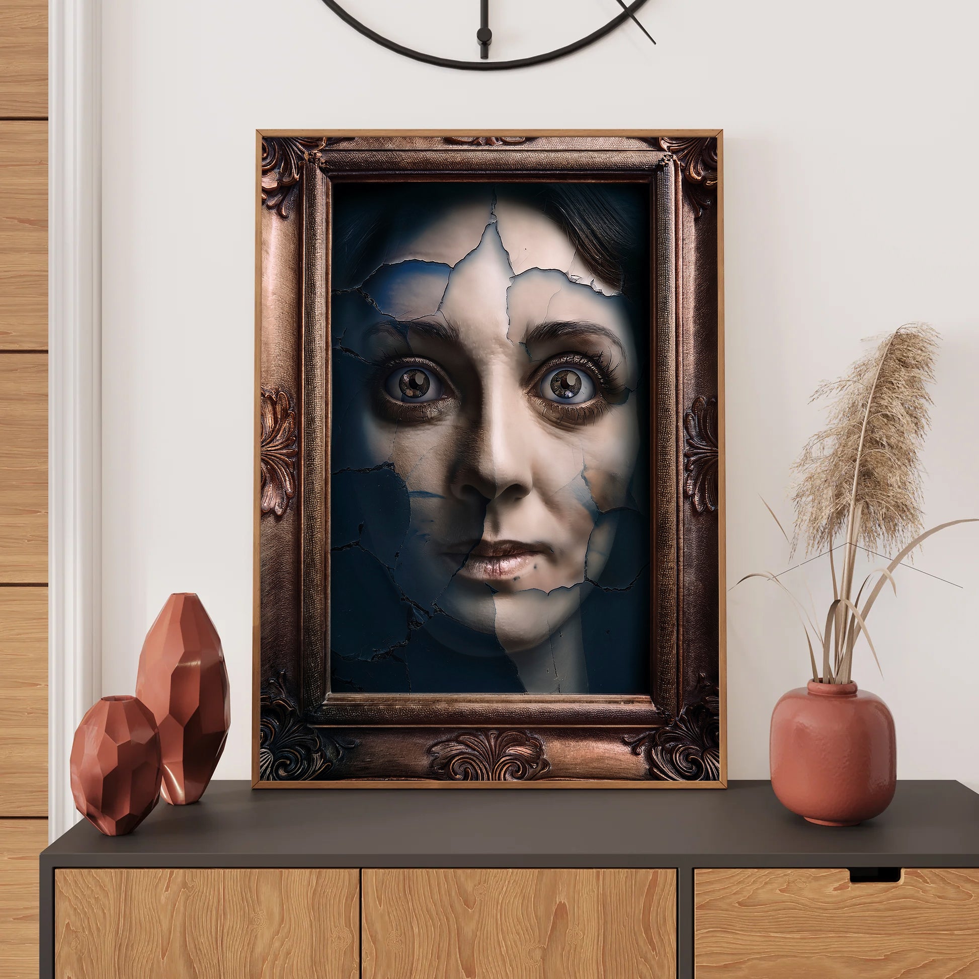 Framed artwork of a woman's face with a cracked effect on a wall above a cabinet.