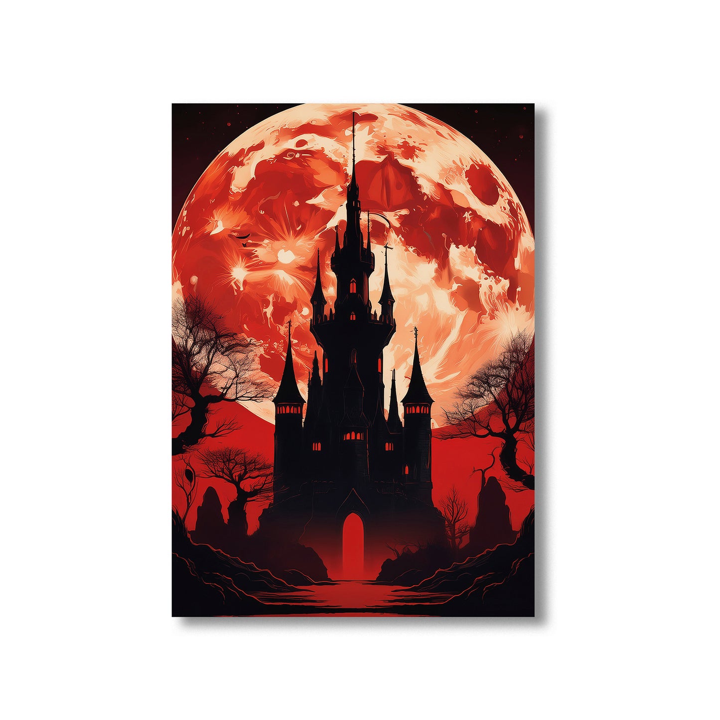 Cartoon gothic castle silhouetted against a blood-red full moon – spooky Halloween illustration