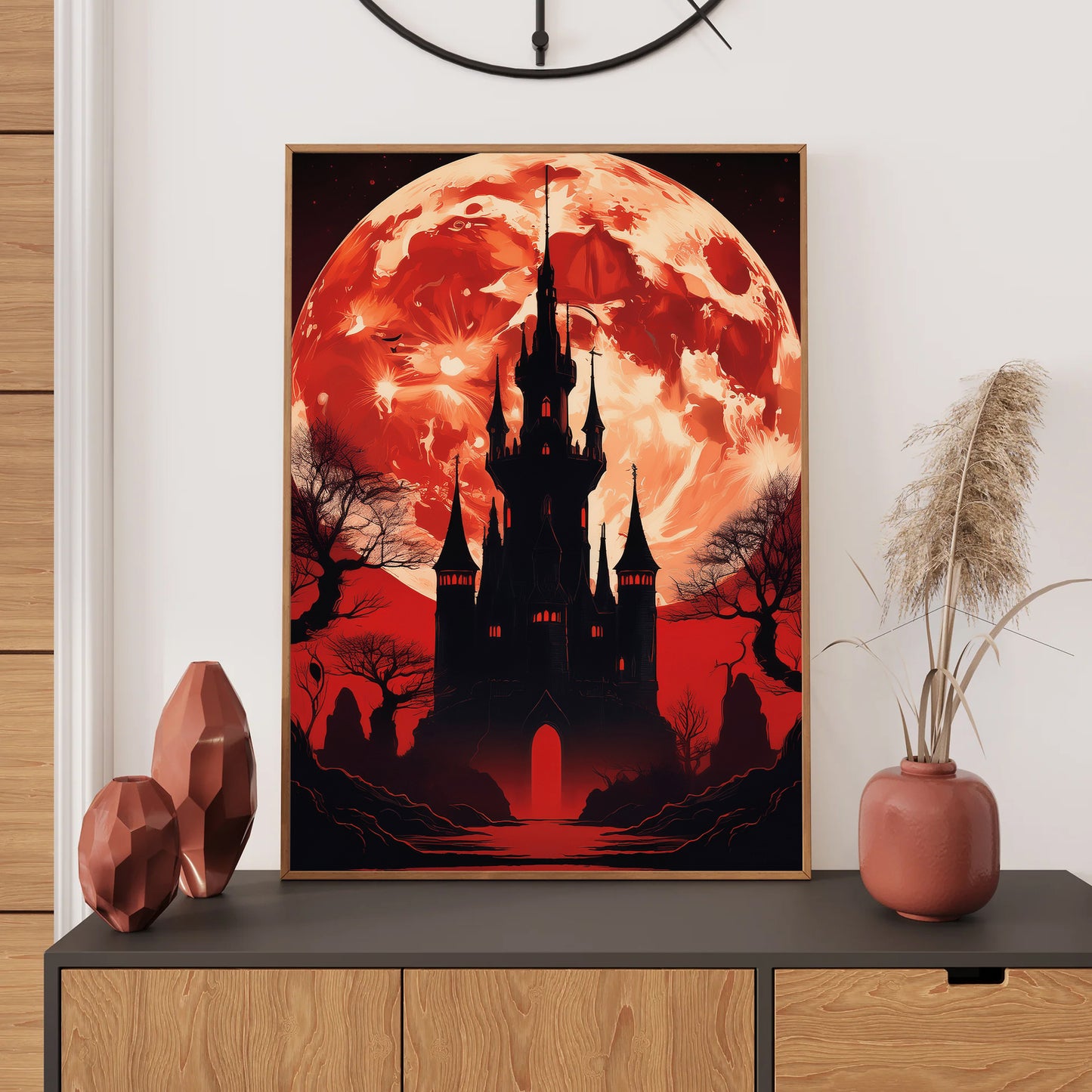 Cartoon gothic castle silhouetted against a blood-red full moon – spooky Halloween illustration