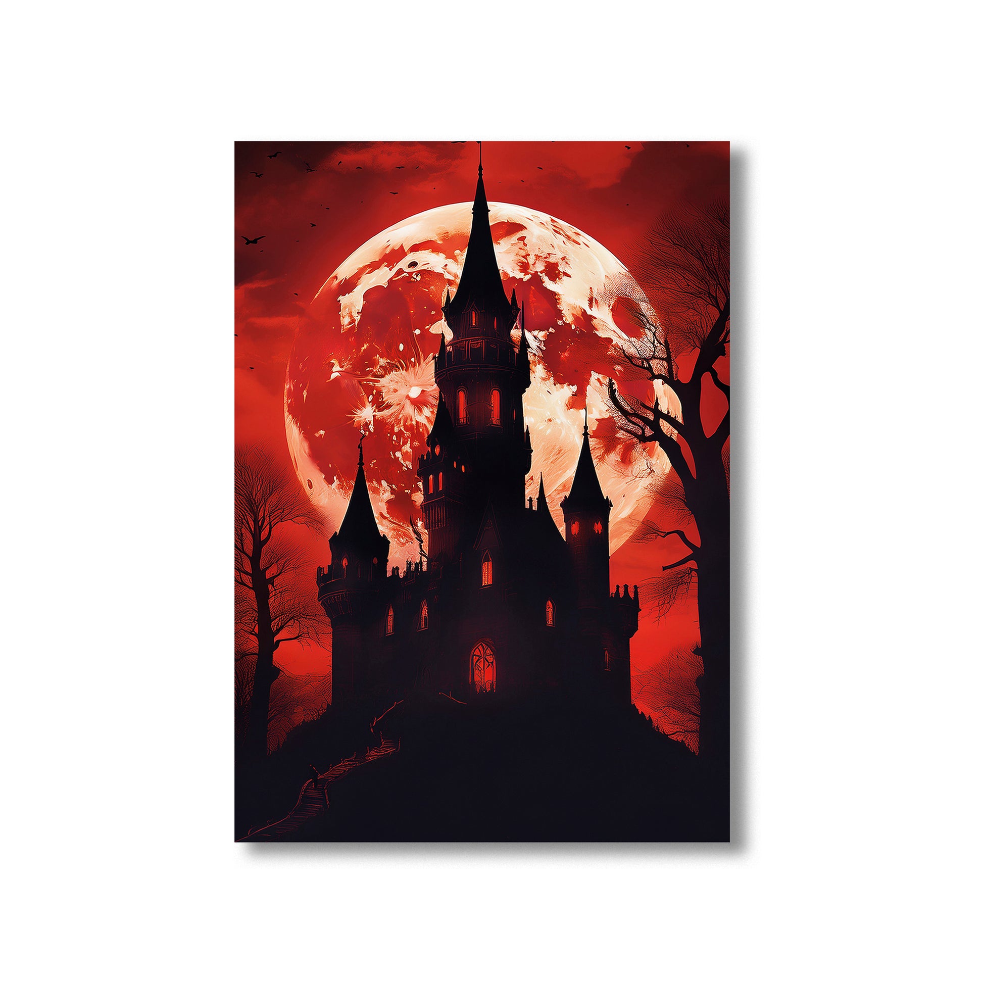 Cartoon gothic castle silhouetted against a blood-red full moon – spooky Halloween illustration