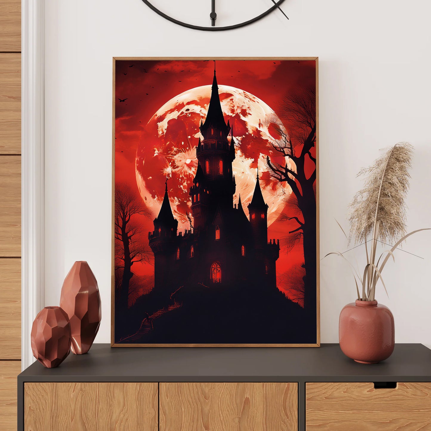 Cartoon gothic castle silhouetted against a blood-red full moon – spooky Halloween illustration