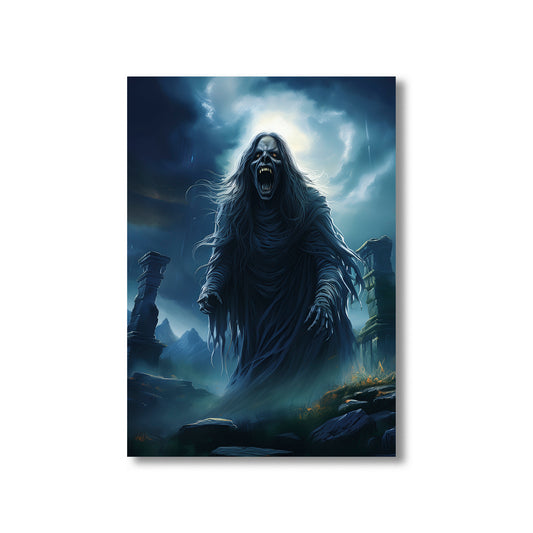 Cartoon ghostly banshee screaming under a stormy sky near ruins – spooky gothic Halloween art