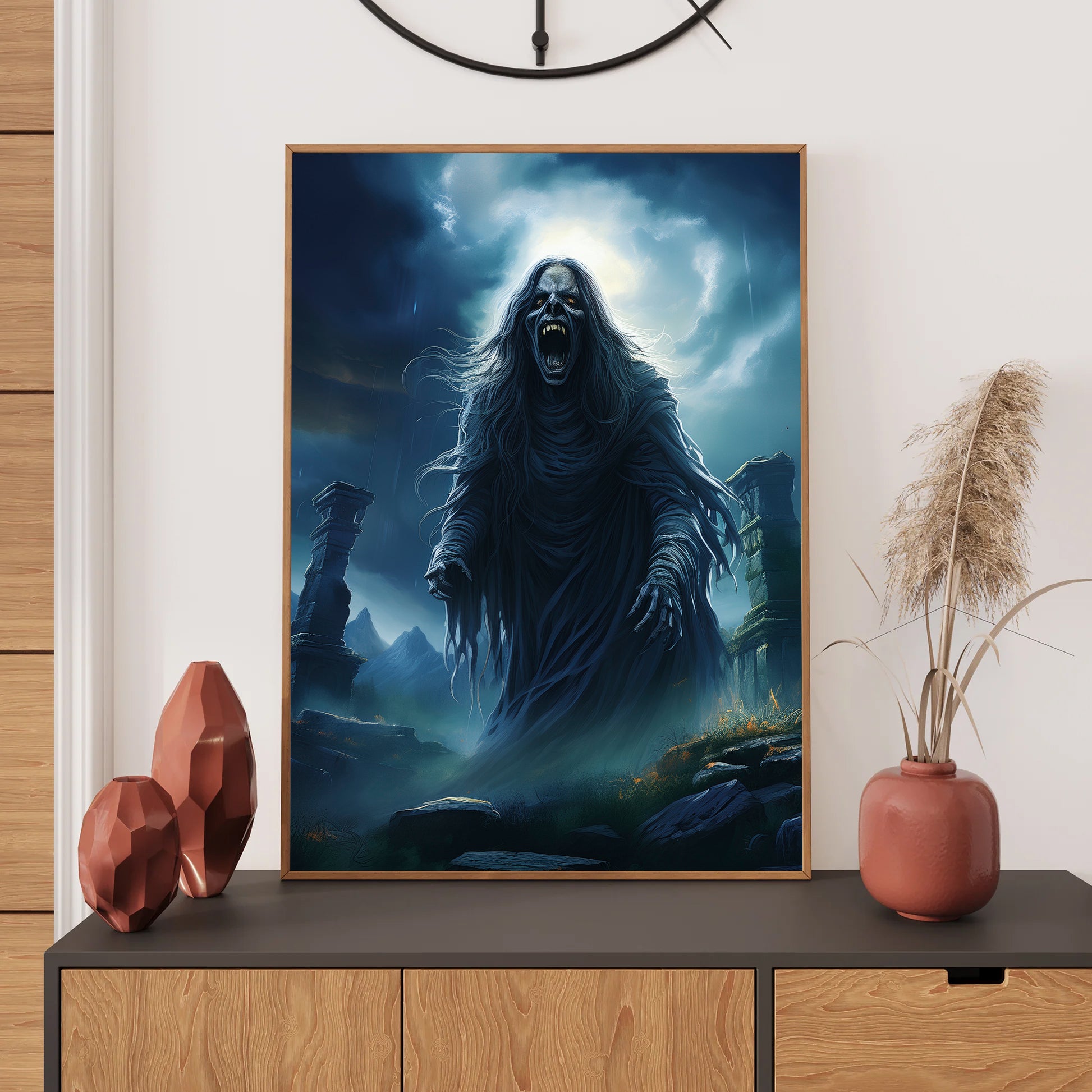 Cartoon ghostly banshee screaming under a stormy sky near ruins – spooky gothic Halloween art
