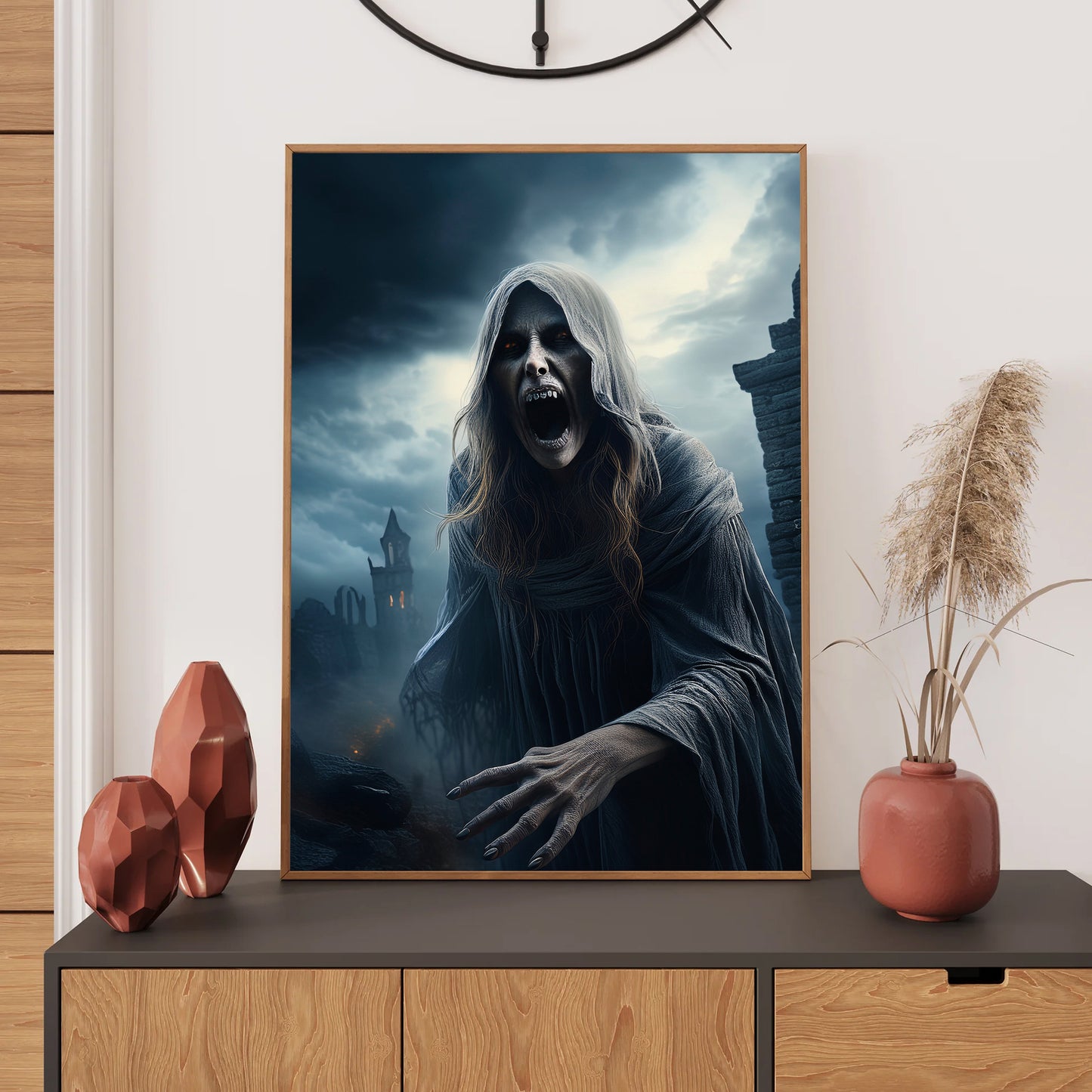 Cartoon ghostly banshee screaming under a stormy sky near ruins – spooky gothic Halloween art