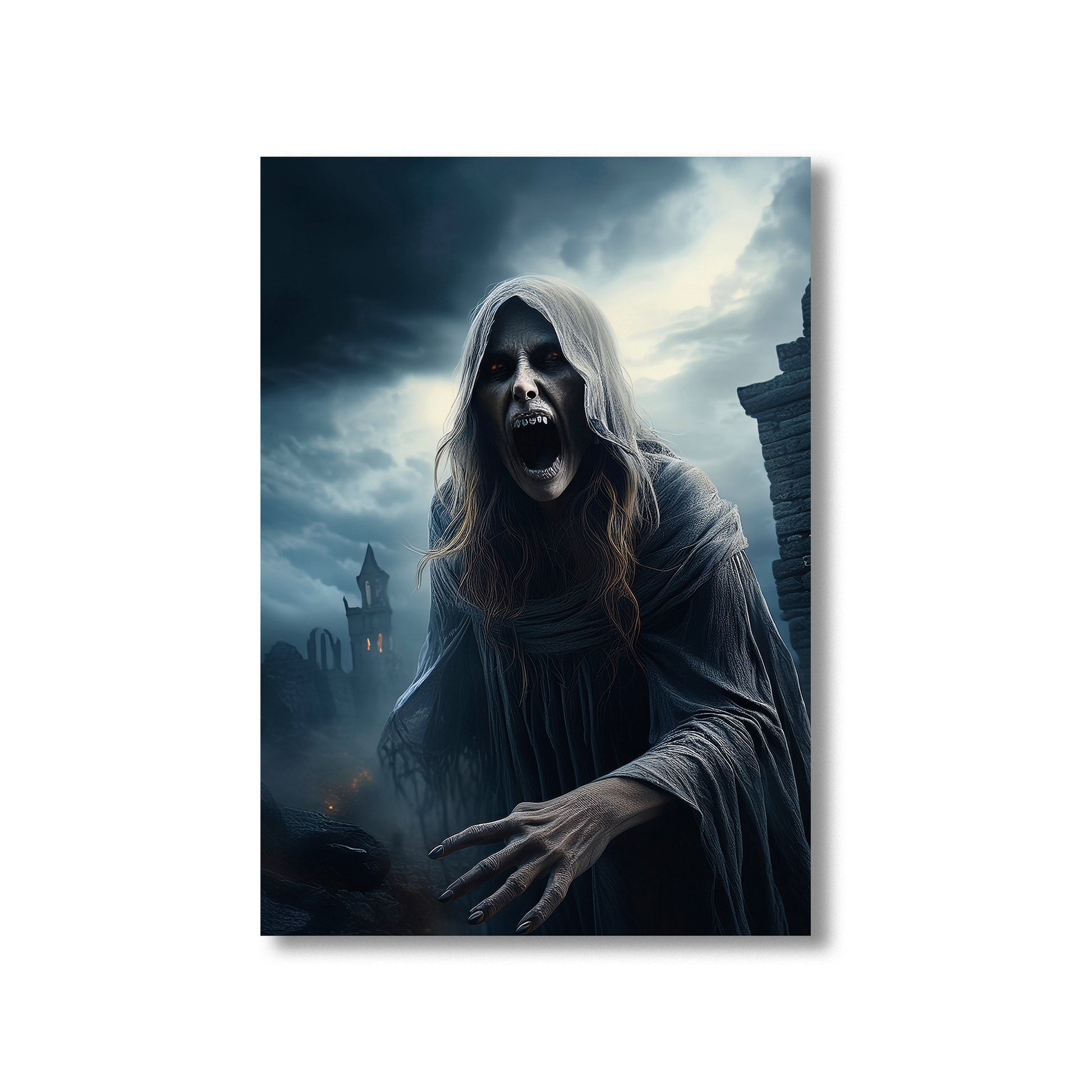 Cartoon ghostly banshee screaming under a stormy sky near ruins – spooky gothic Halloween art