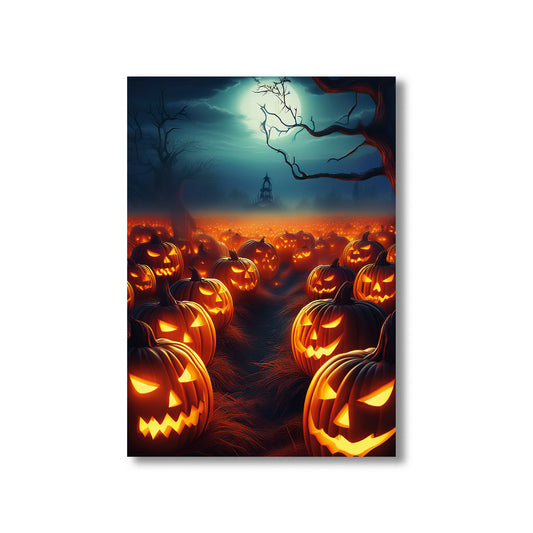 Cartoon pumpkin patch with glowing jack-o’-lanterns and ghostly faces in fog – spooky gothic Halloween illustration