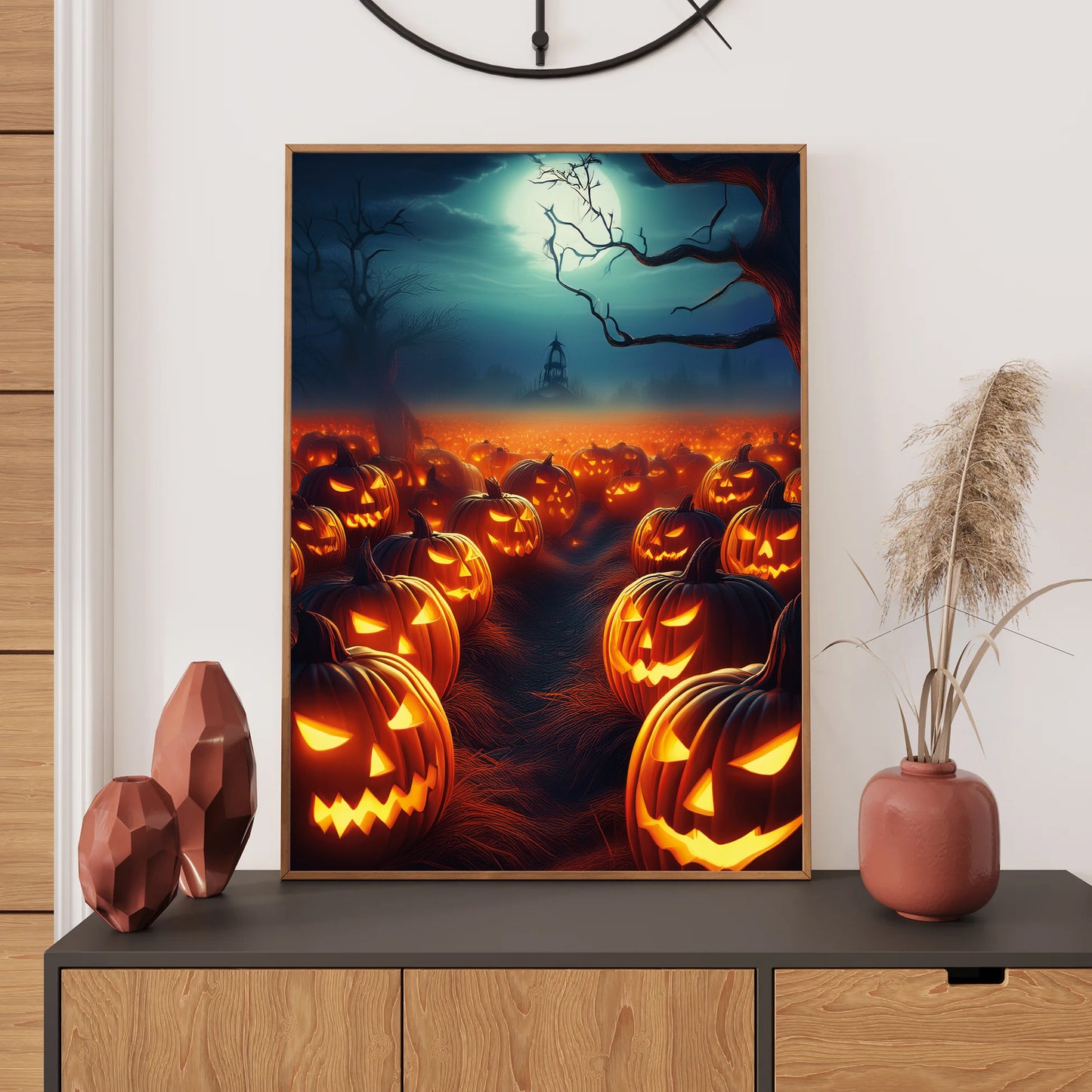 Cartoon pumpkin patch with glowing jack-o’-lanterns and ghostly faces in fog – spooky gothic Halloween illustration