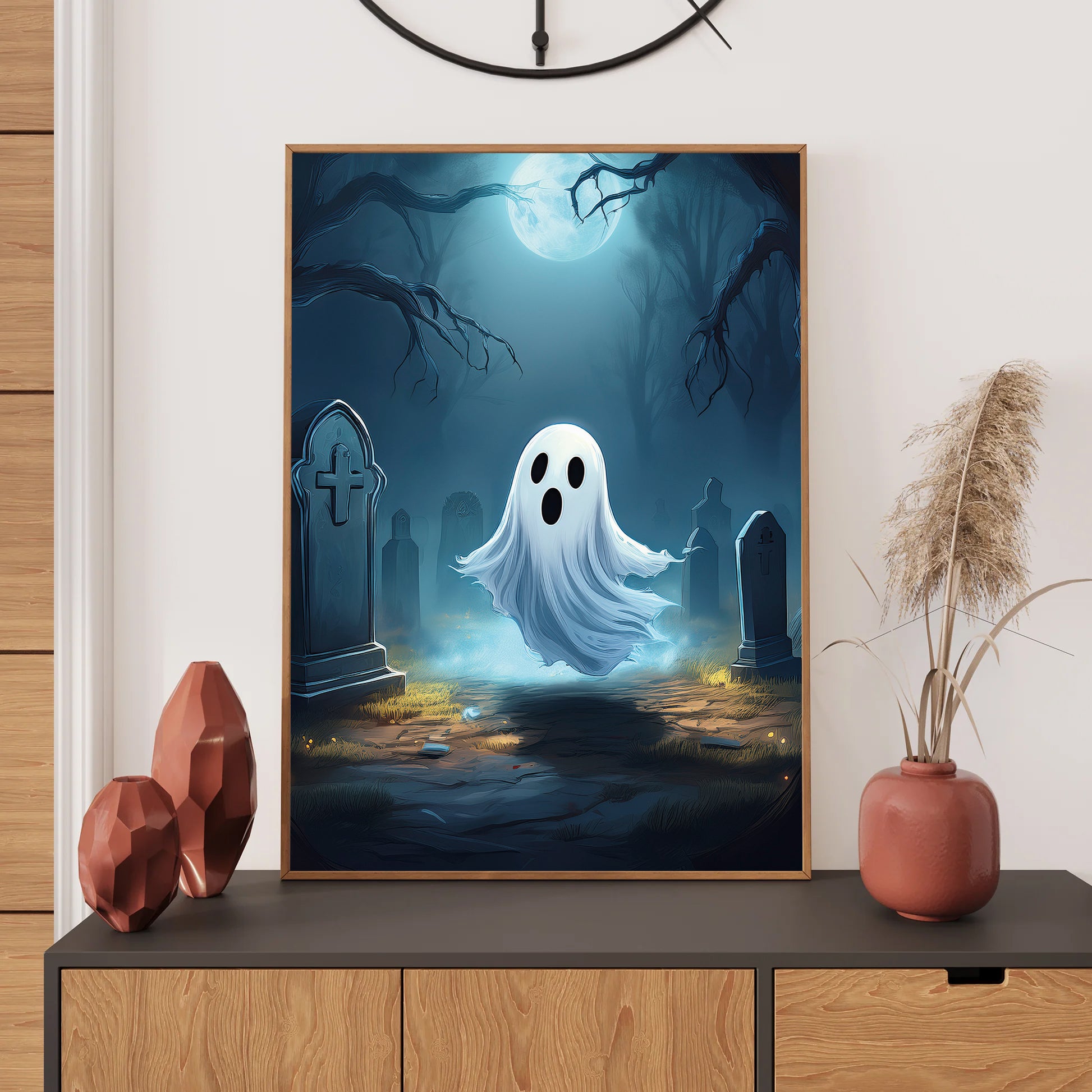 Cartoon ghost floating in a foggy graveyard with cracked tombstones – spooky gothic Halloween illustration