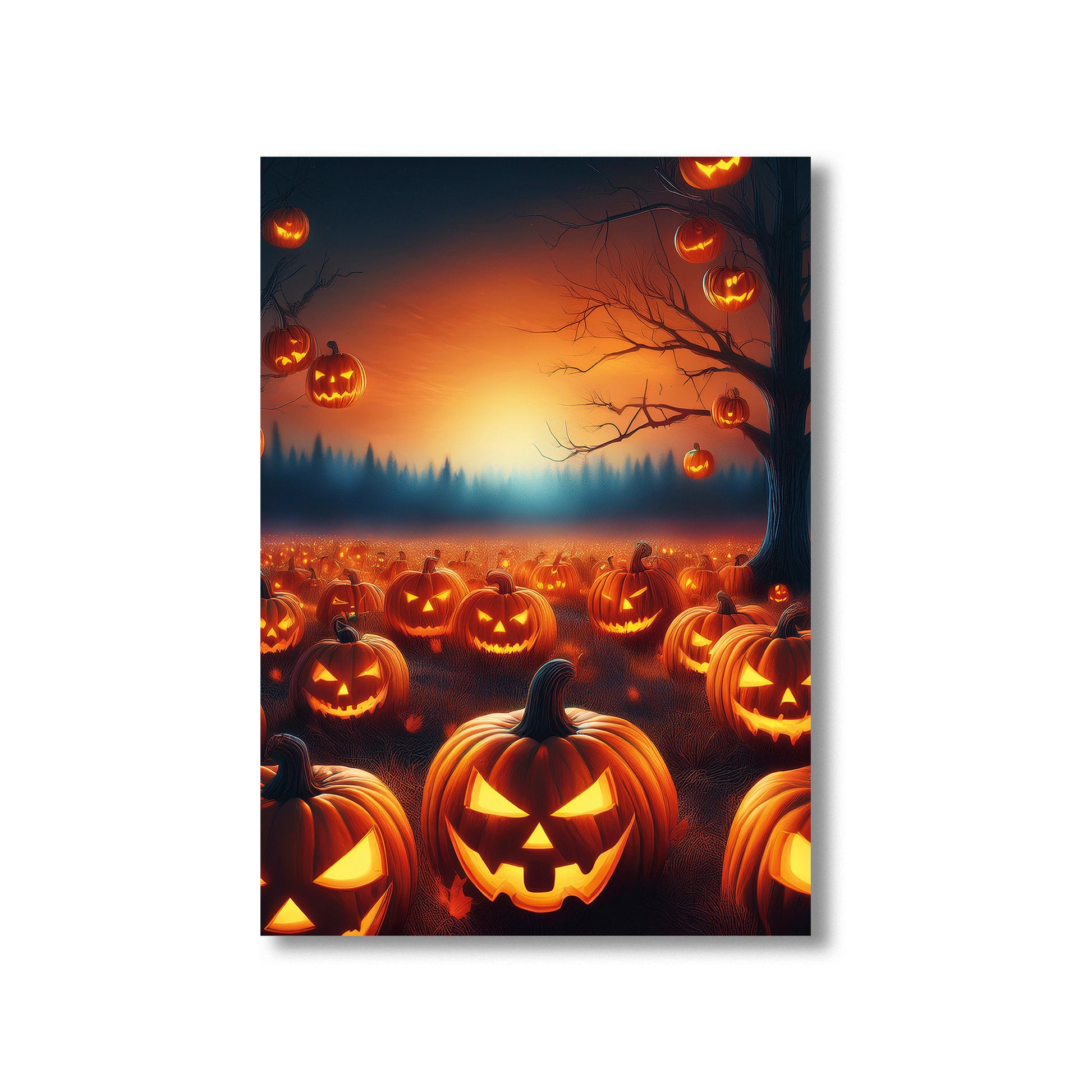 Halloween scene with carved pumpkins in a field at night.