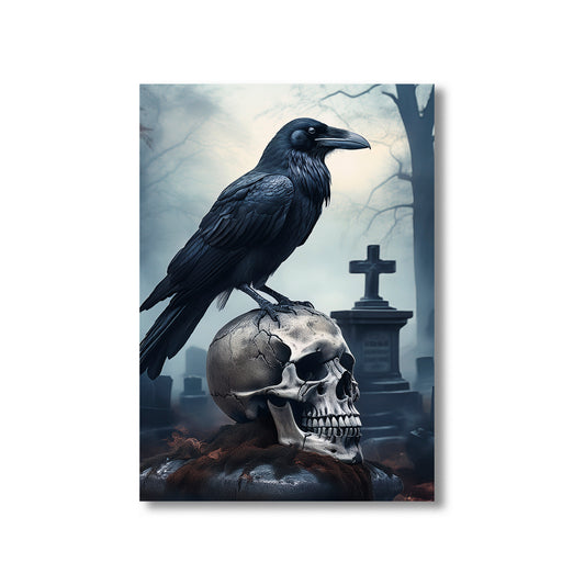 Cartoon gothic raven perched on cracked skull in foggy graveyard – spooky Halloween art