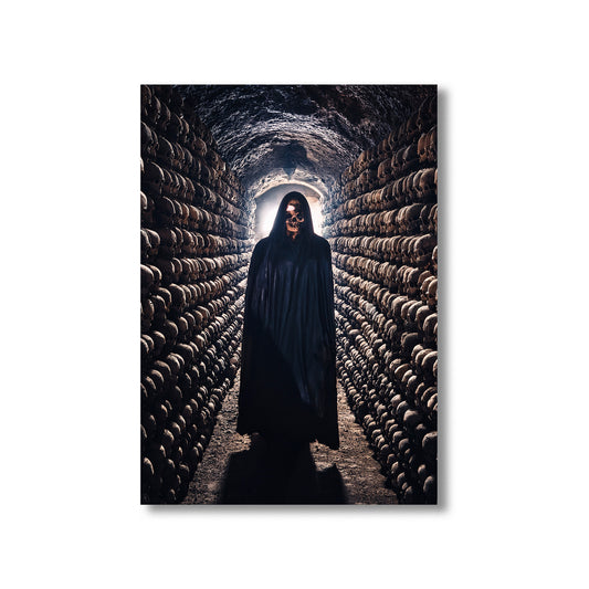 Cartoon ghoul lurking in catacombs lined with skulls – spooky gothic Halloween art