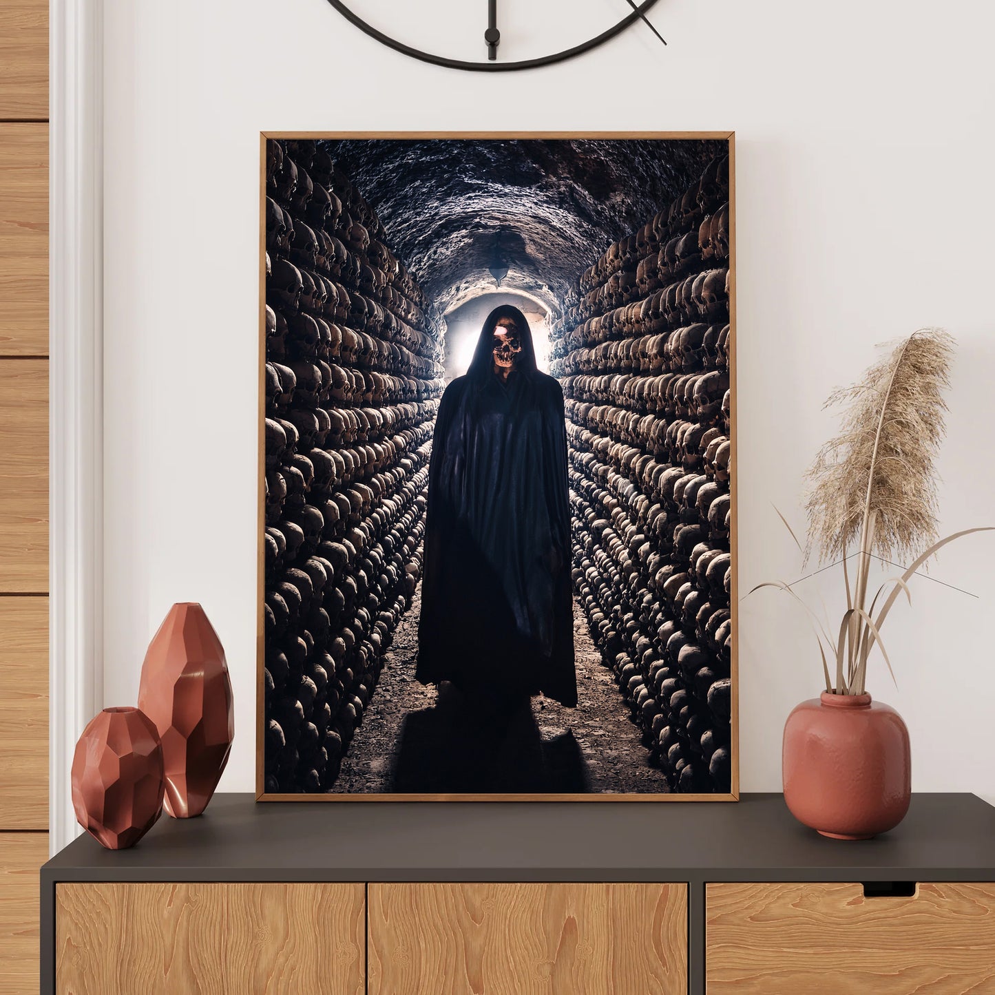 Cartoon ghoul lurking in catacombs lined with skulls – spooky gothic Halloween art