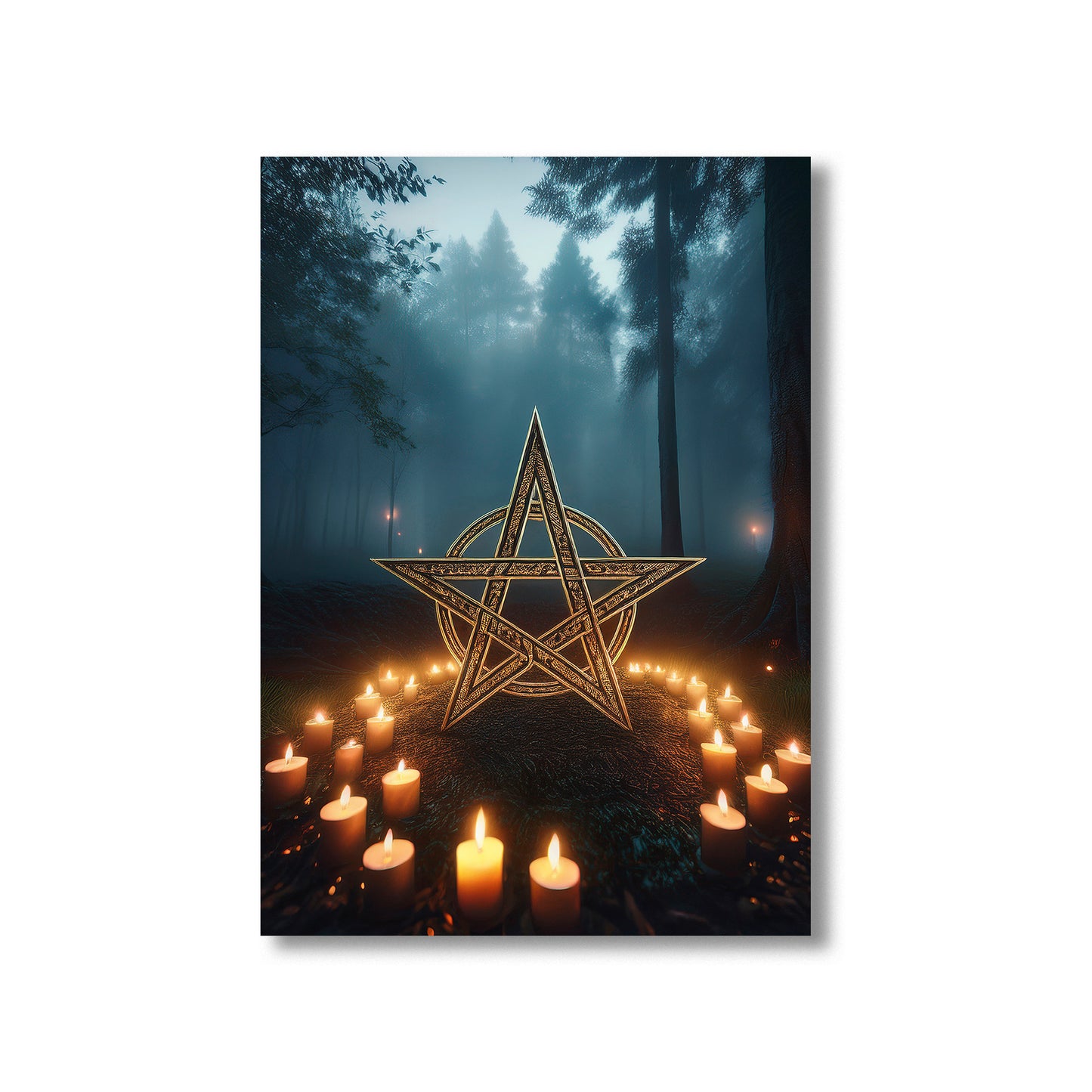 Cartoon glowing ritual circle with candles in a misty forest – gothic witchcraft Halloween art