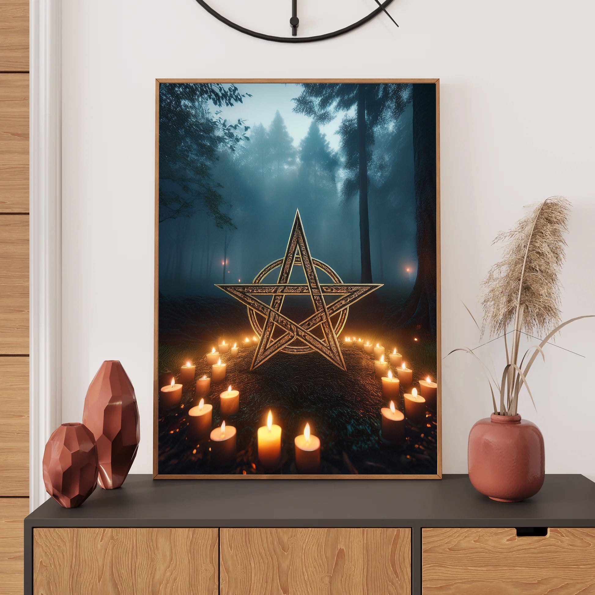 Cartoon glowing ritual circle with candles in a misty forest – gothic witchcraft Halloween art