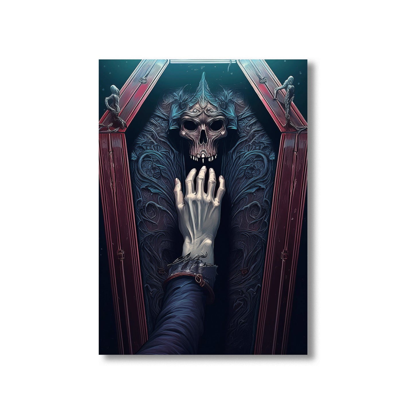 Artistic depiction of a hand holding a skull with ornate details and red accents.