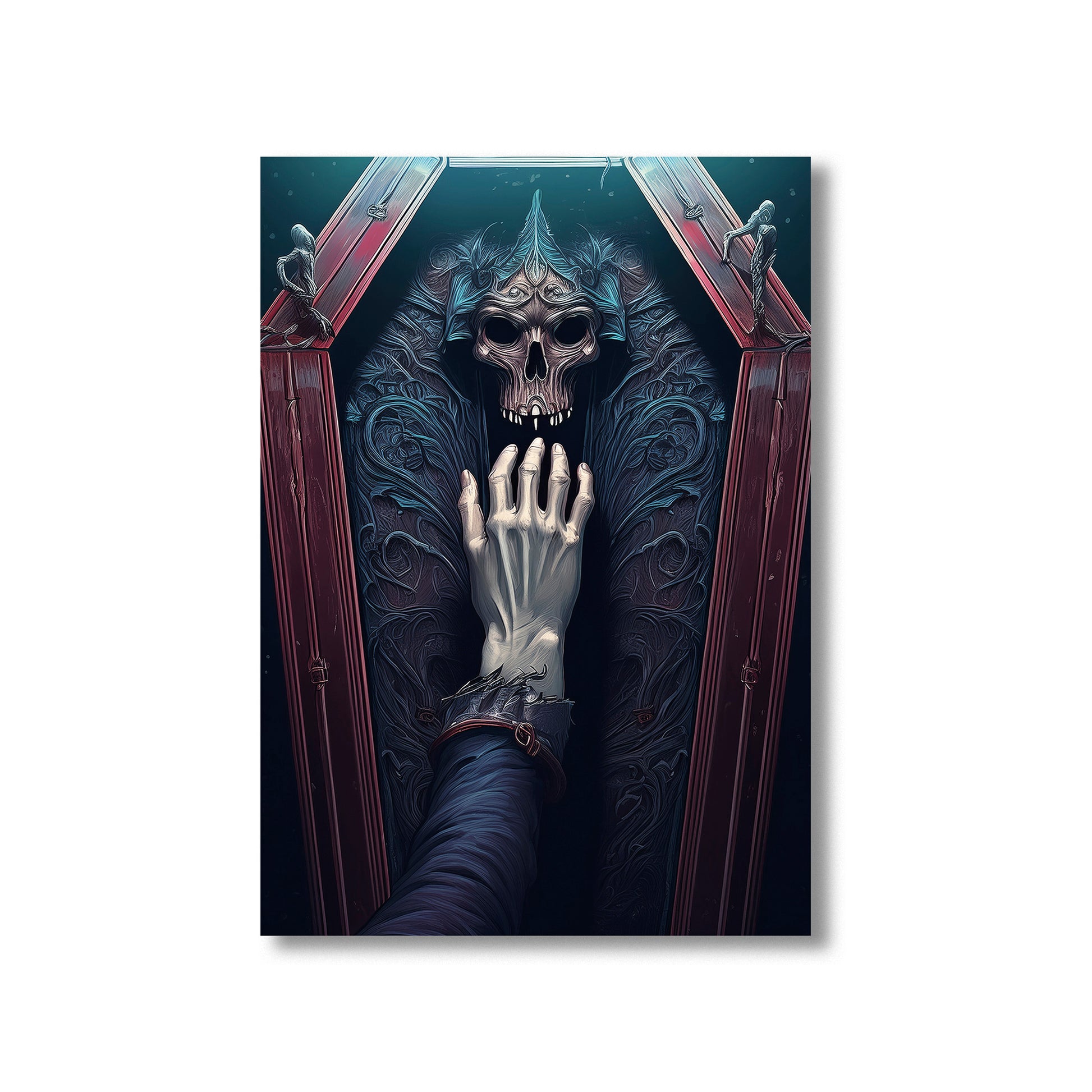 Artistic depiction of a hand holding a skull with ornate details and red accents.