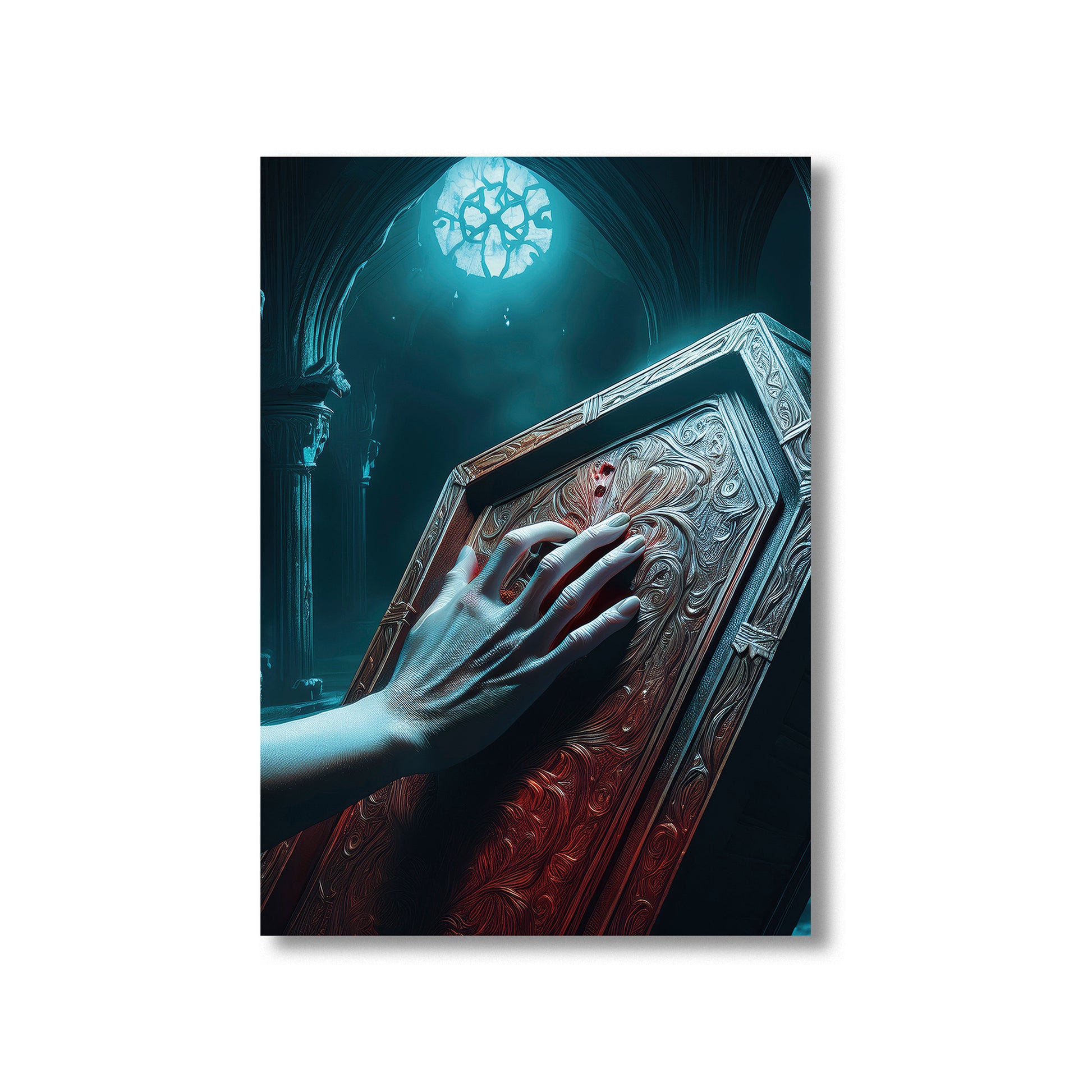 Cartoon vampire hand pushing open coffin lid in haunted crypt – gothic Halloween art