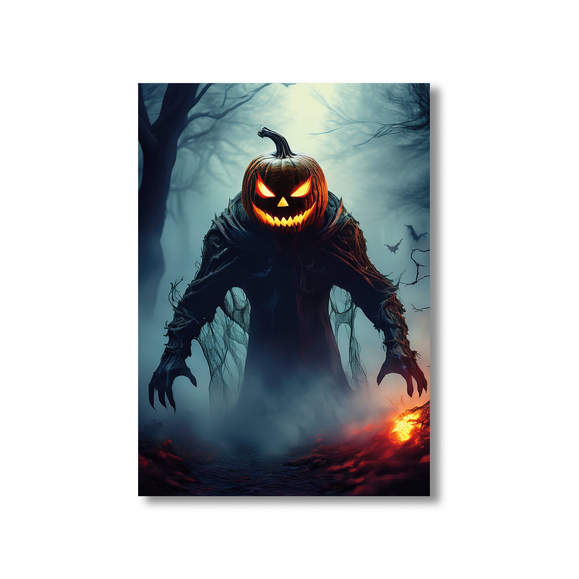 Cartoon pumpkin-headed demon glowing in mist – gothic spooky Halloween illustration