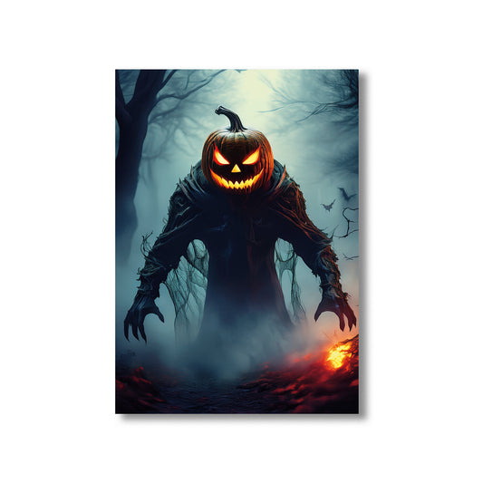 Cartoon pumpkin-headed demon glowing in mist – gothic spooky Halloween illustration