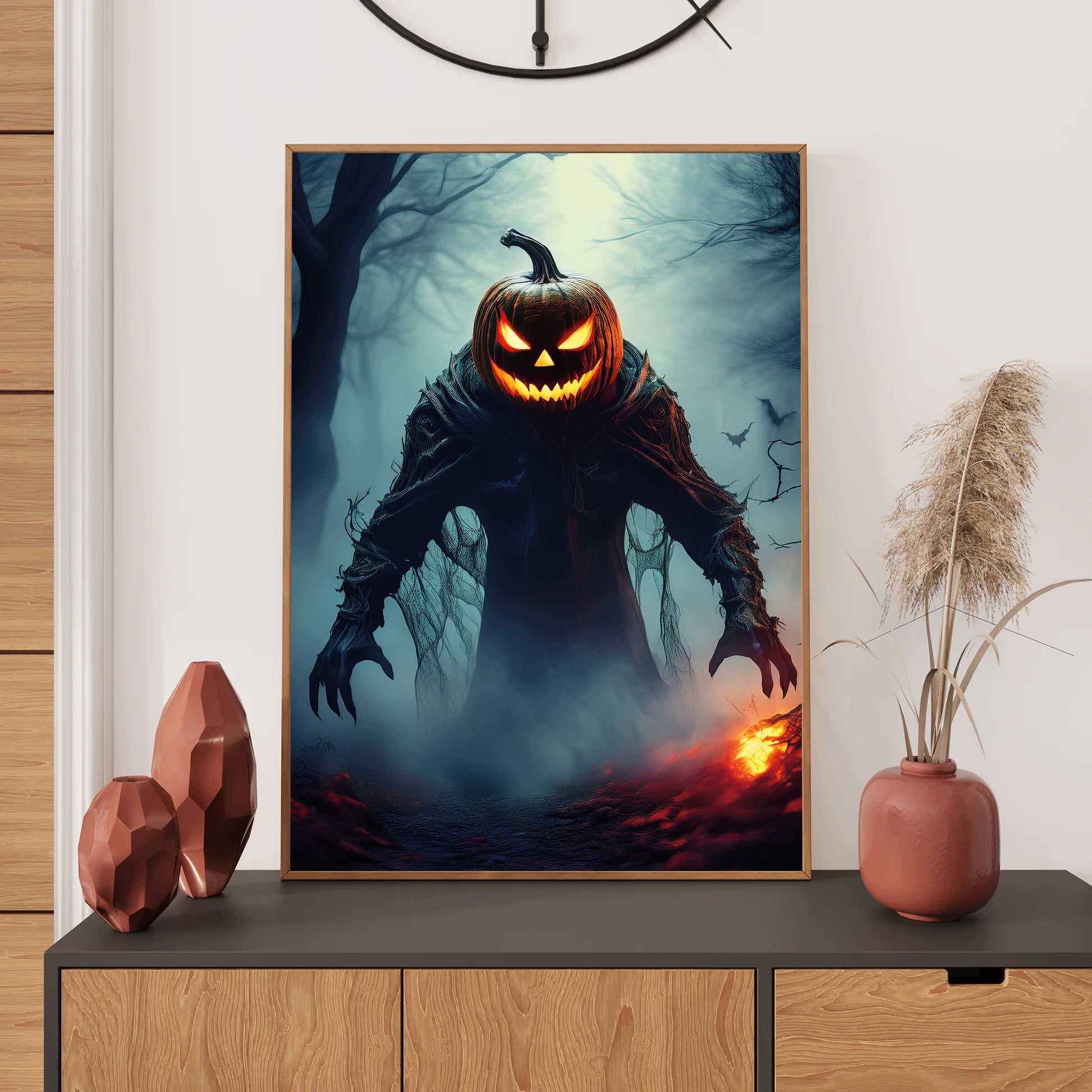 Cartoon pumpkin-headed demon glowing in mist – gothic spooky Halloween illustration