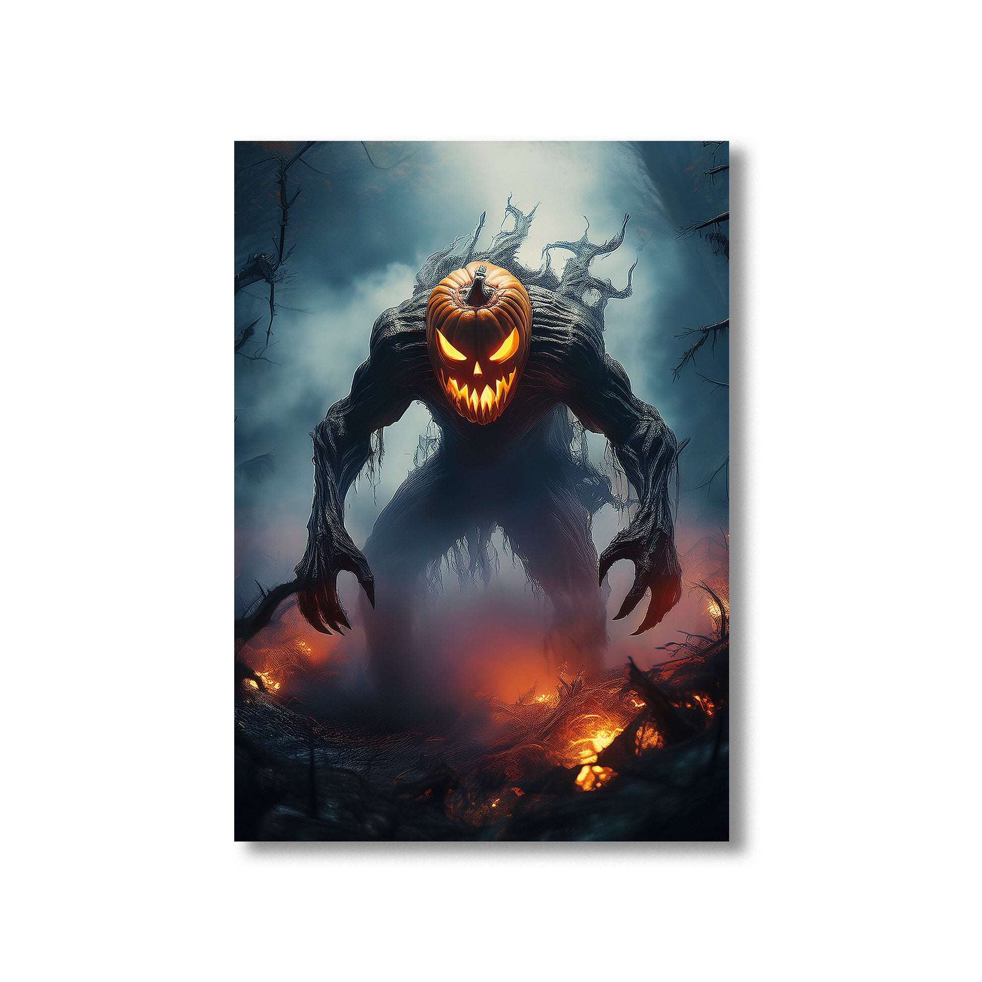 Cartoon pumpkin-headed demon glowing in mist – gothic spooky Halloween illustration