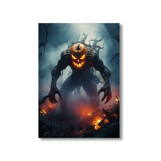 Cartoon pumpkin-headed demon glowing in mist – gothic spooky Halloween illustration