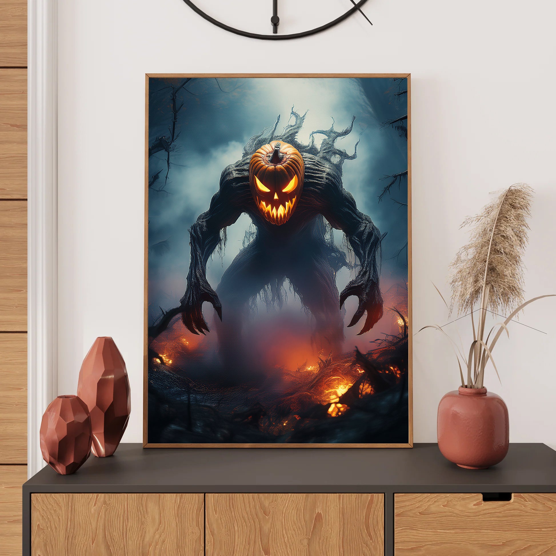 Cartoon pumpkin-headed demon glowing in mist – gothic spooky Halloween illustration