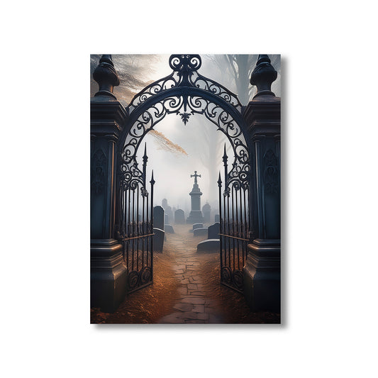 Cartoon wrought-iron cemetery gates opening into foggy graveyard – gothic Halloween art