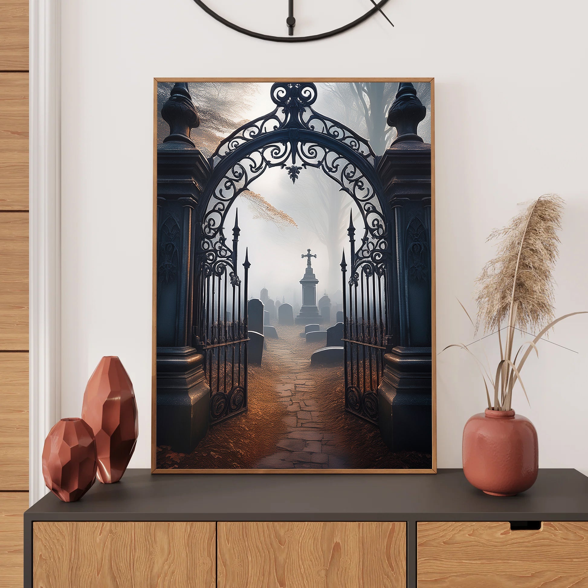 Cartoon wrought-iron cemetery gates opening into foggy graveyard – gothic Halloween art