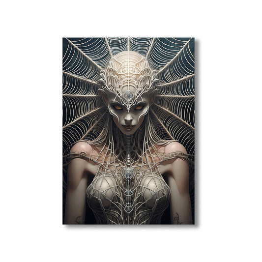 Cartoon monstrous spider queen sitting on a throne of webs – gothic spooky Halloween art