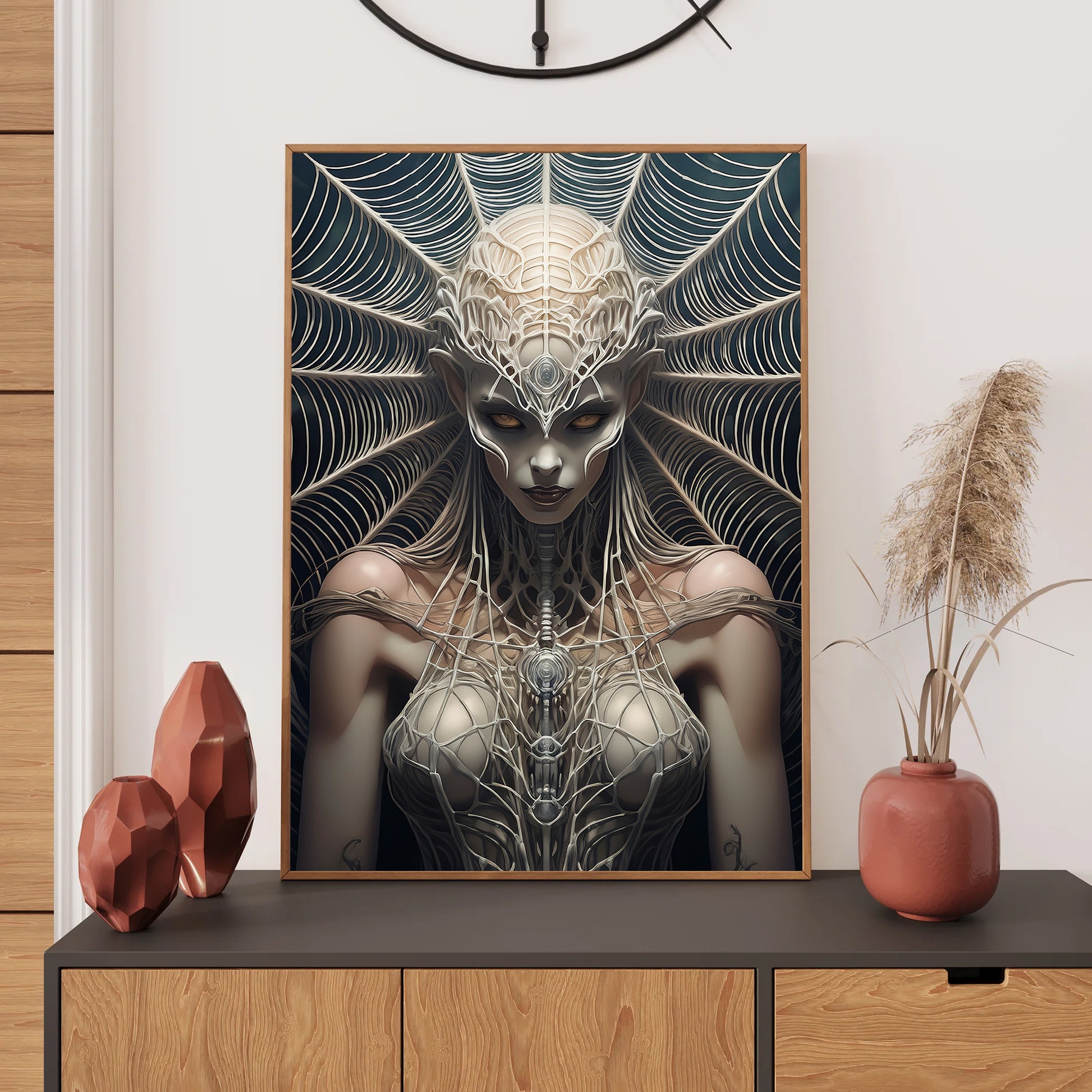 Cartoon monstrous spider queen sitting on a throne of webs – gothic spooky Halloween art