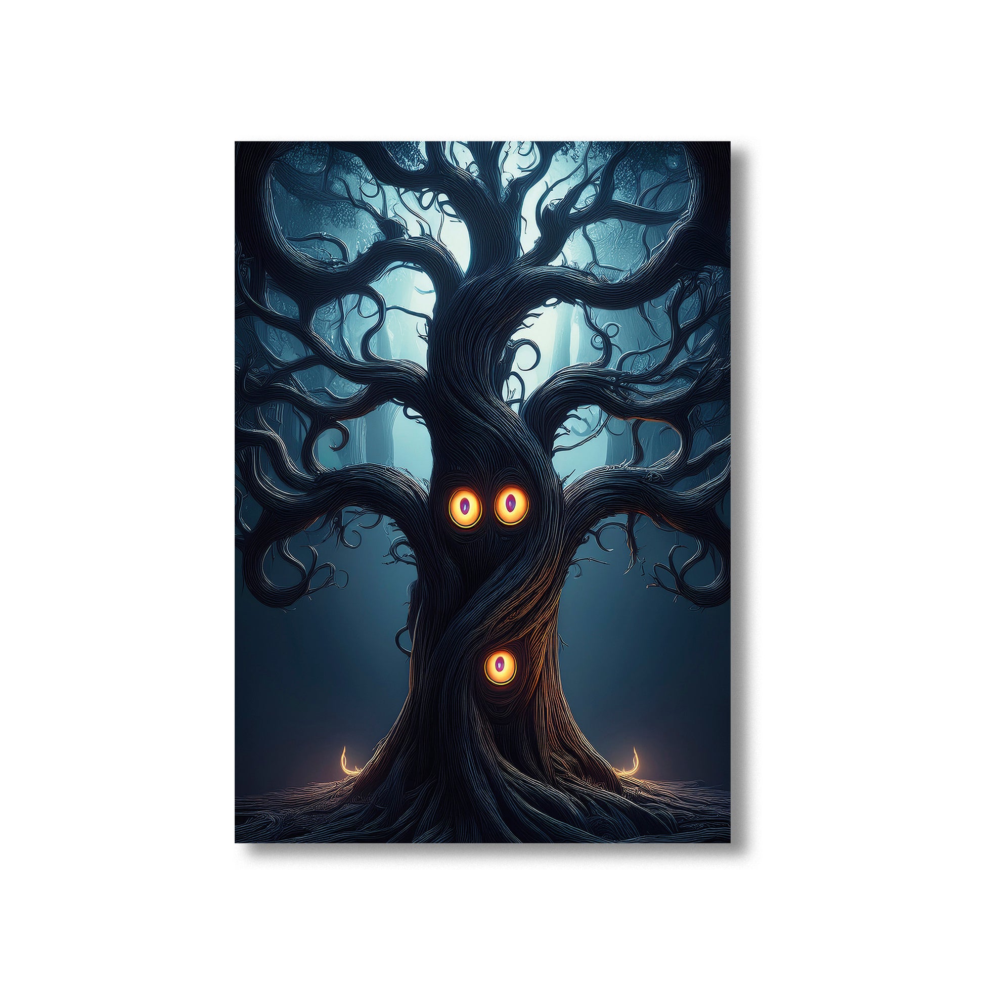 Cartoon gothic forest with twisted trees and glowing eyes peeking from the darkness – spooky Halloween artwork