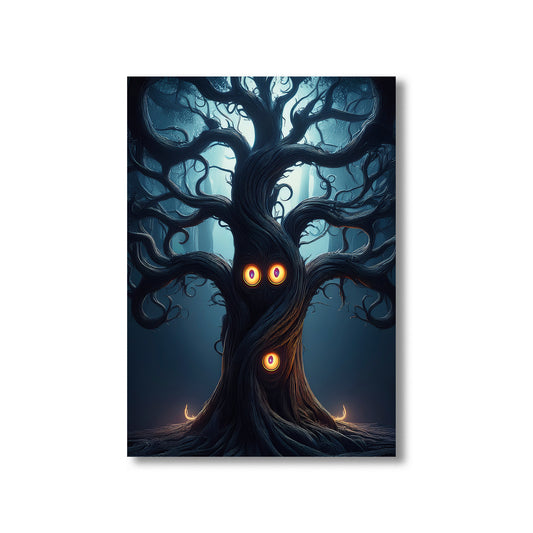 Cartoon gothic forest with twisted trees and glowing eyes peeking from the darkness – spooky Halloween artwork