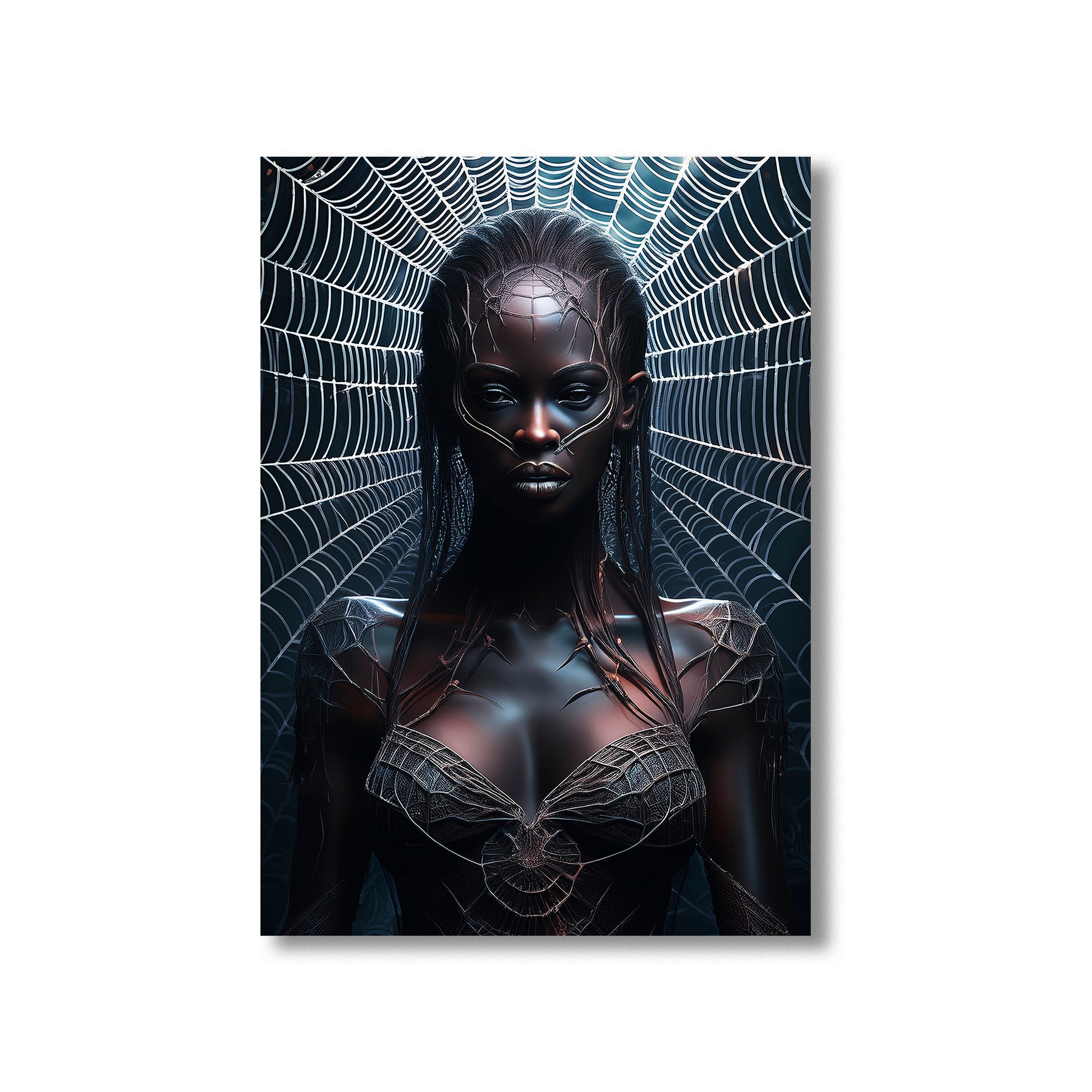Monstrous spider queen sitting on a throne of webs – gothic spooky Halloween art