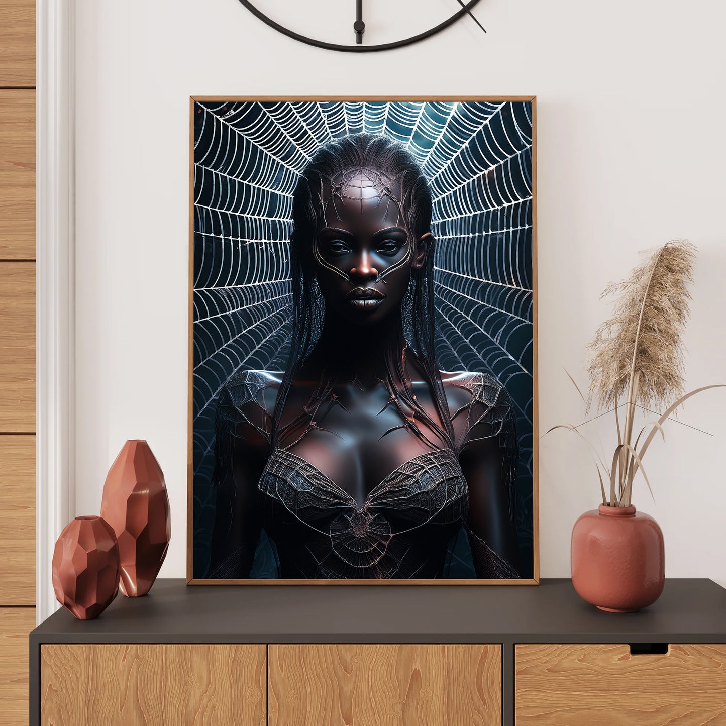 Monstrous spider queen sitting on a throne of webs – gothic spooky Halloween art