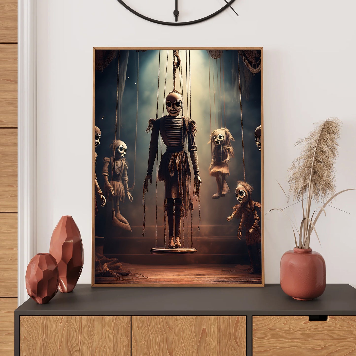 Framed artwork of marionettes on a wall above a console table with decorative items.