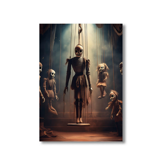 Horror-themed artwork with marionette dolls and a central figure in a dark, eerie setting.
